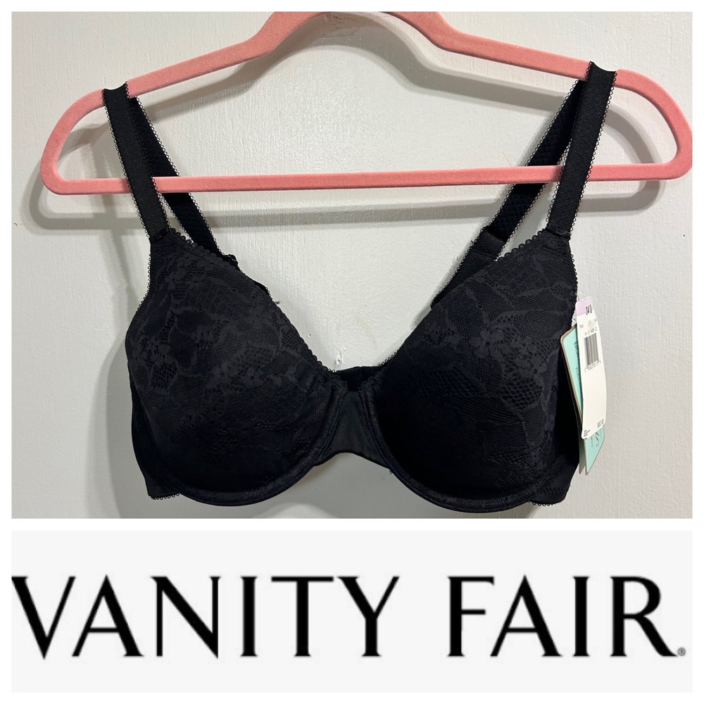 Vanity Fair Black Lace Full Coverage Contour Bra 34D 75-243 Superior Support NWT